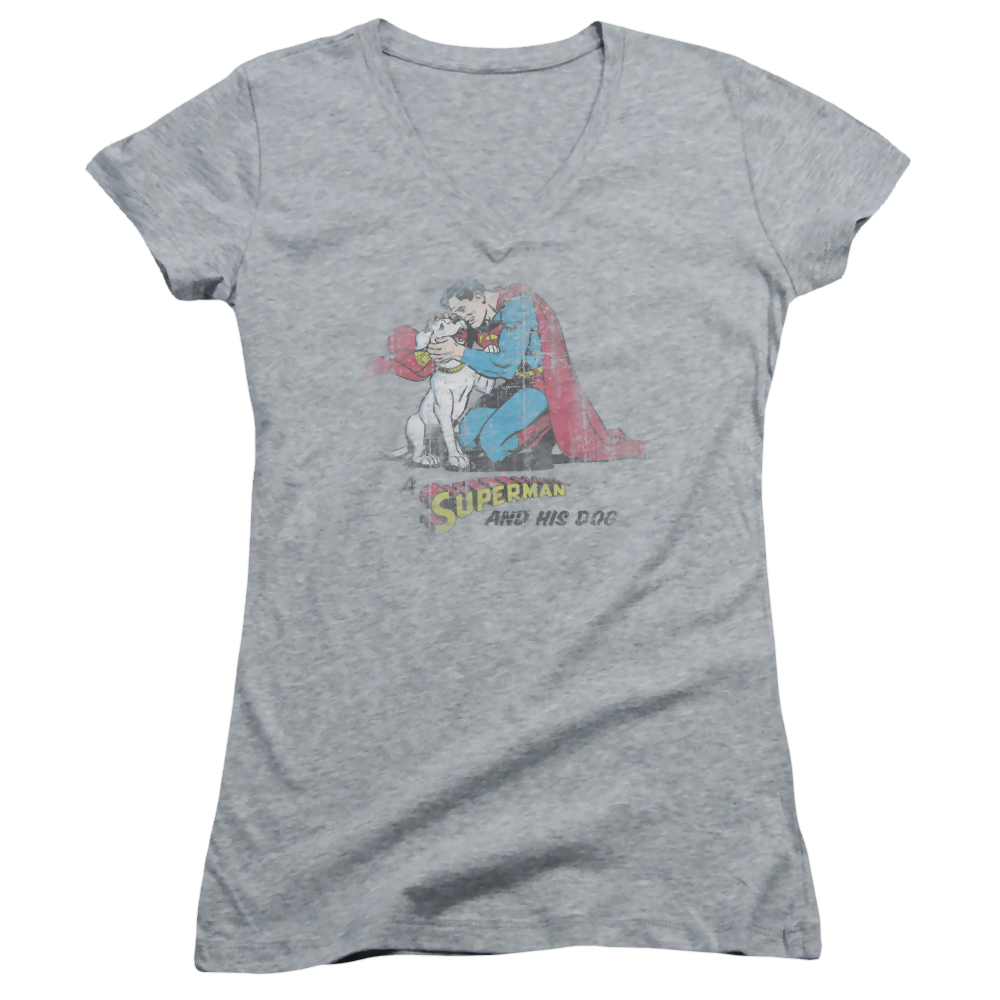 Superman And His Dog - Juniors V-Neck T-Shirt Juniors V-Neck T-Shirt Superman   