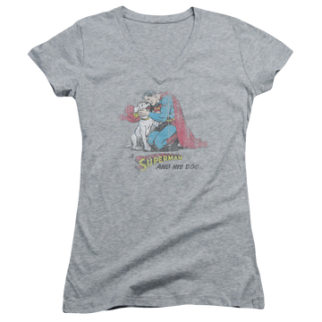 Superman And His Dog - Juniors V-Neck T-Shirt Juniors V-Neck T-Shirt Superman   