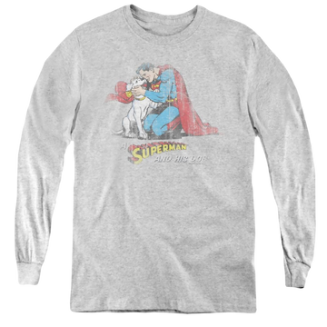 Athletic heather youth long sleeve t-shirt with Superman And His Dog graphic