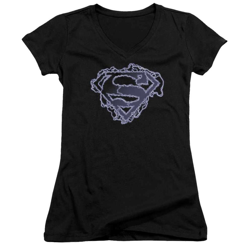 Superman Electric Supes Shield - Juniors V-Neck T-Shirt Juniors V-Neck T-Shirt Superman   