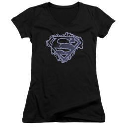 Superman Electric Supes Shield - Juniors V-Neck T-Shirt Juniors V-Neck T-Shirt Superman   