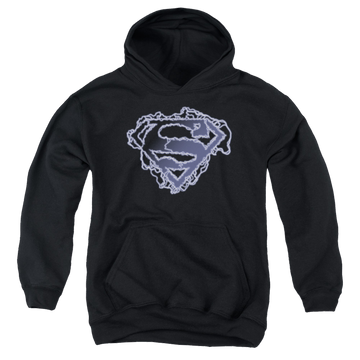 Black youth hoodie for ages 8 to 12 with Superman Electric Supes Shield graphic