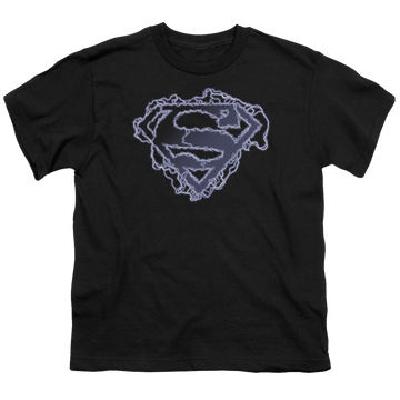 Black youth t-shirt for ages 8 to 12 with Superman Electric Supes Shield graphic