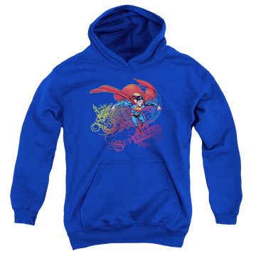 Royal youth hoodie for ages 8 to 12 with Superman Cool Word Supes graphic