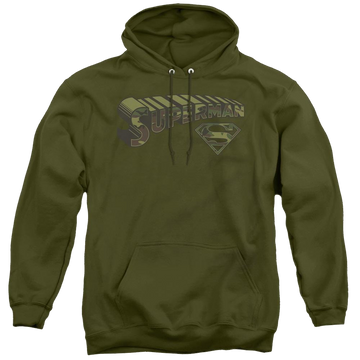 Military green pullover hoodie with Superman Camo Logo & Shield graphic