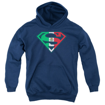 Navy youth hoodie for ages 8 to 12 with Superman Mexican Shield graphic
