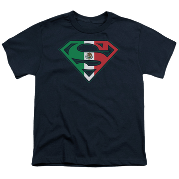 Navy youth t-shirt for ages 8 to 12 with Superman Mexican Shield graphic