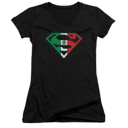 Superman Mexican Flag Shield - Juniors V-Neck T-Shirt Juniors V-Neck T-Shirt Superman   
