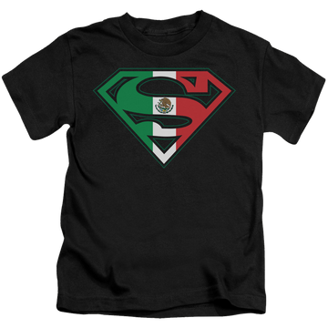 Black kid's t-shirt for ages 4 to 7 with Superman Mexican Flag Shield graphic