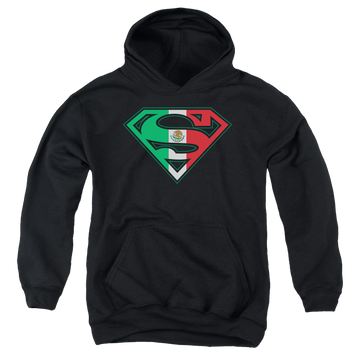 Black youth hoodie for ages 8 to 12 with Superman Mexican Flag Shield graphic