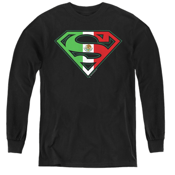 Black youth long sleeve t-shirt with Superman Mexican Flag Shield graphic