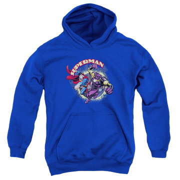 Royal youth hoodie for ages 8 to 12 with Superman Vs Mongol graphic