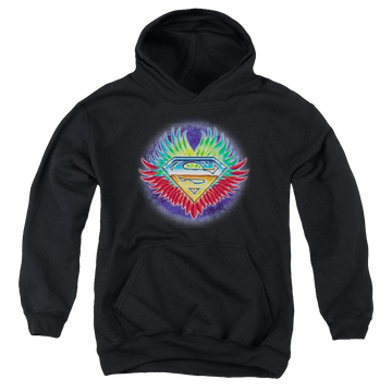 Black youth hoodie for ages 8 to 12 with Superman Dont Stop Believing graphic