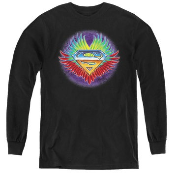 Black youth long sleeve t-shirt with Superman Dont Stop Believing graphic