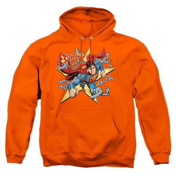 Orange pullover hoodie with Superman Stars And Chains graphic