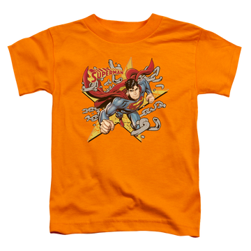 Orange kid's t-shirt for ages 4 to 7 with Superman Stars And Chains graphic