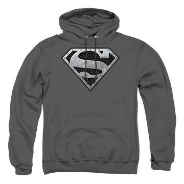 Charcoal pullover hoodie with Superman Super Metallic Shield graphic