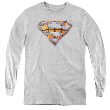 Athletic heather youth long sleeve t-shirt with Superman Basketball Shield graphic