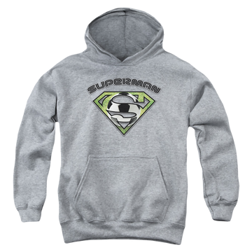 Athletic heather youth hoodie for ages 8 to 12 with Superman Soccer Shield graphic