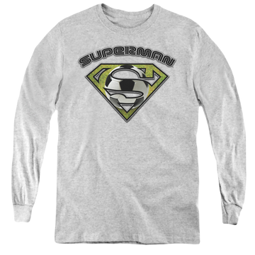 Athletic heather youth long sleeve t-shirt with Superman Soccer Shield graphic
