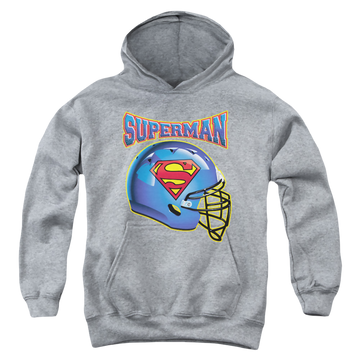 Athletic heather youth hoodie for ages 8 to 12 with Superman Helmet graphic