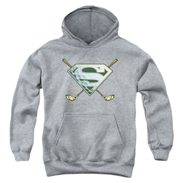 Athletic heather youth hoodie for ages 8 to 12 with Superman Fore! graphic