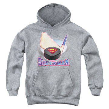 Athletic heather youth hoodie for ages 8 to 12 with Superman Hockey Stick graphic