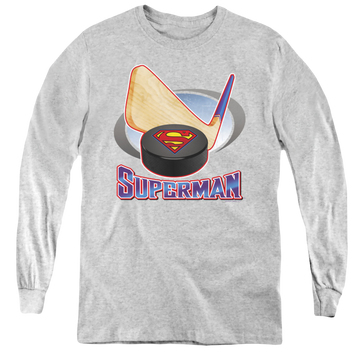 Athletic heather youth long sleeve t-shirt with Superman Hockey Stick graphic