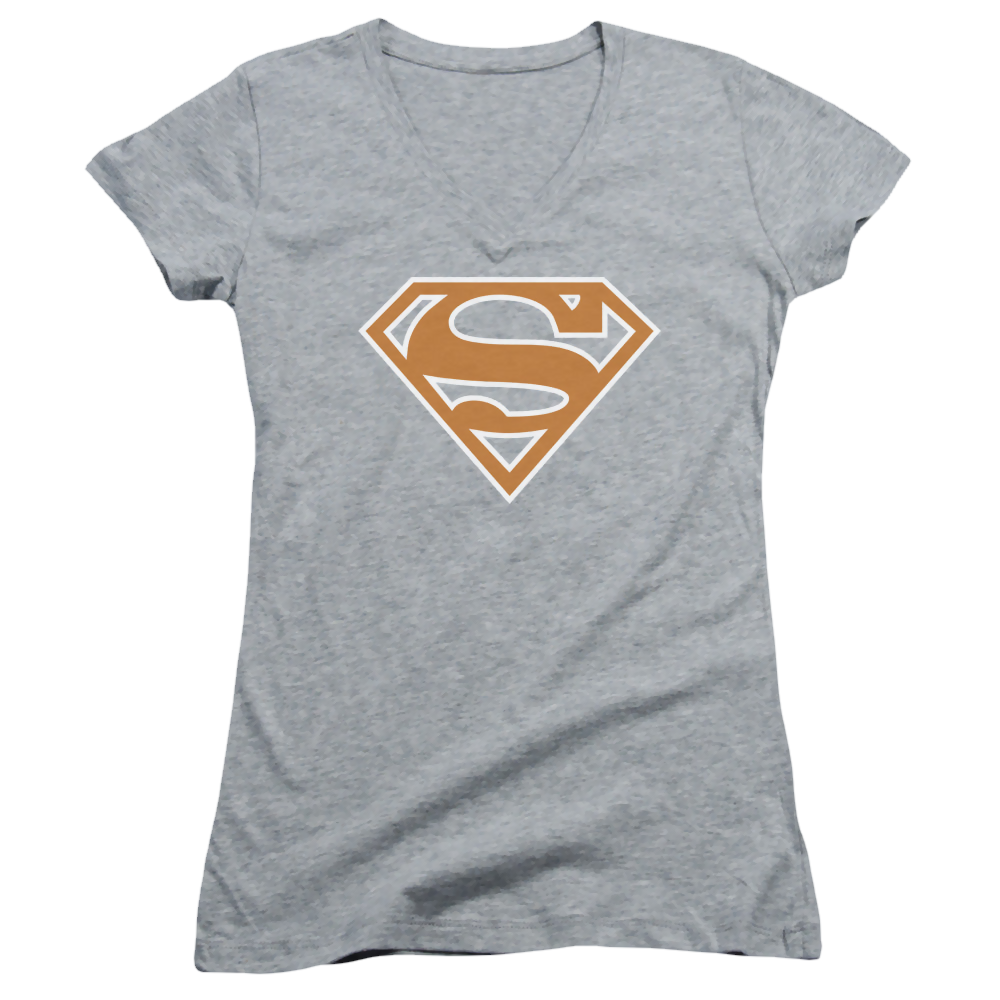 Superman Burnt Orange&White Shield - Juniors V-Neck T-Shirt Juniors V-Neck T-Shirt Superman   