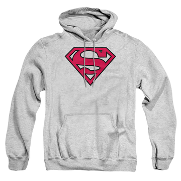 Athletic heather pullover hoodie with Superman Red & Black Shield graphic