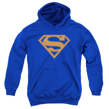 Royal youth hoodie for ages 8 to 12 with Superman Blue & Orange Shield graphic