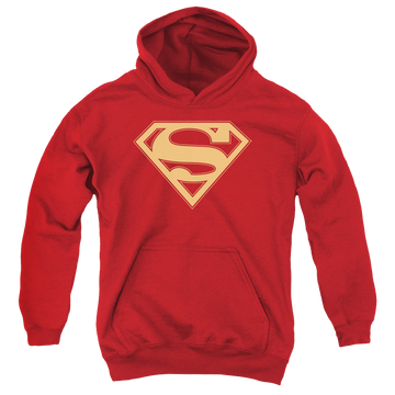 Red youth hoodie for ages 8 to 12 with Superman Red & Gold Shield graphic