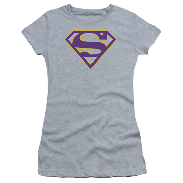 Athletic heather juniors t-shirt with Superman Purple & Gold Shield graphic