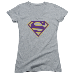 Superman Purple & Gold Shield - Juniors V-Neck T-Shirt Juniors V-Neck T-Shirt Superman   