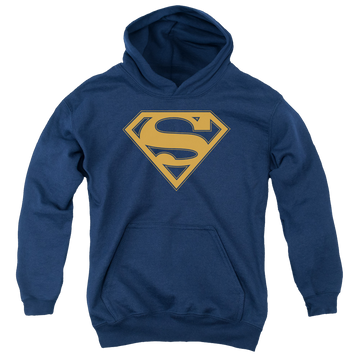 Navy youth hoodie for ages 8 to 12 with Superman Navy & Orange Shield graphic
