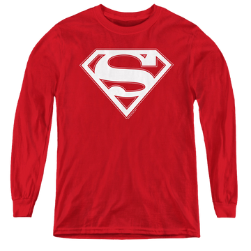 Red youth long sleeve t-shirt with Superman Red & White Shield graphic