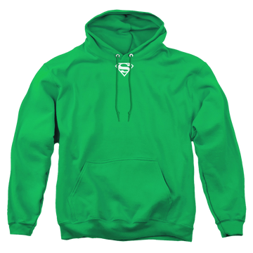Kelly green pullover hoodie with Superman Green & White Shield graphic
