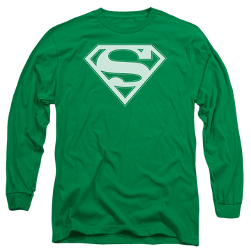 Kelly green men's long sleeve t-shirt with Superman Green & White Shield graphic