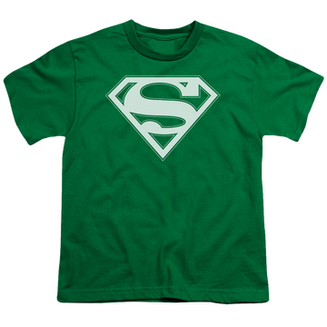 Kelly green youth t-shirt for ages 8 to 12 with Superman Green & White Shield graphic