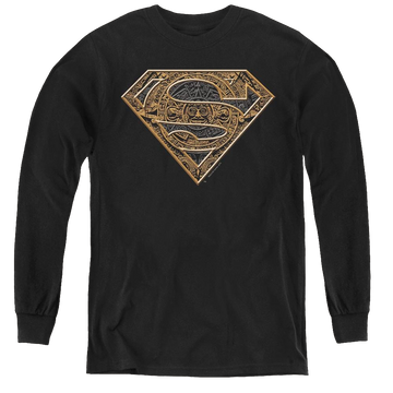Black youth long sleeve t-shirt with Superman Aztec Shield graphic