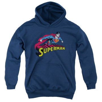 Navy youth hoodie for ages 8 to 12 with Superman Flying Over graphic