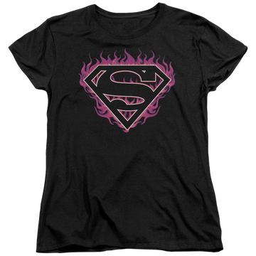 Black women's t-shirt with Superman Fuchsia Flames graphic
