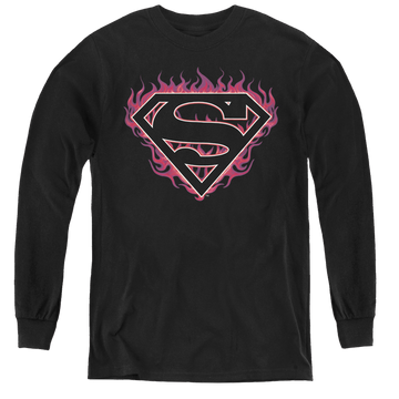 Black youth long sleeve t-shirt with Superman Fuchsia Flames graphic