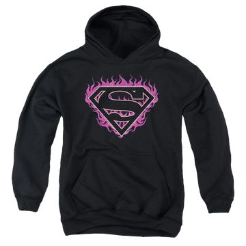 Black youth hoodie for ages 8 to 12 with Superman Fuchsia Flames graphic