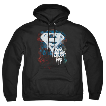 Black pullover hoodie with Superman Real Heroes Never Die graphic
