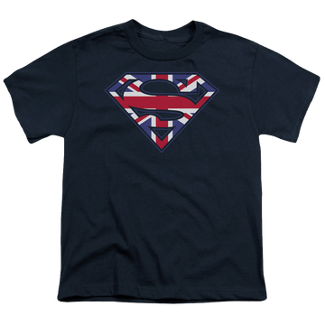 Navy youth t-shirt for ages 8 to 12 with Superman Great Britian Shield graphic