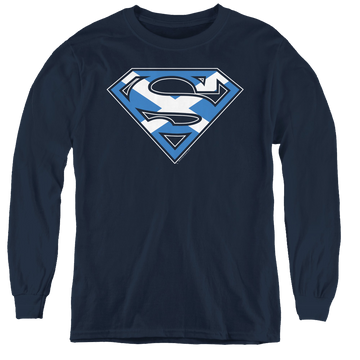 Navy youth long sleeve t-shirt with Superman Scottish Shield graphic