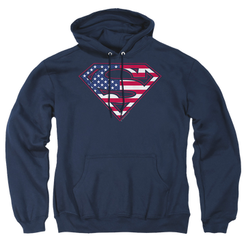 Navy pullover hoodie with Superman U S Shield graphic