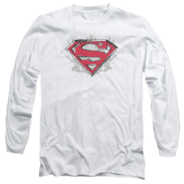White men's long sleeve t-shirt with Superman Hastily Drawn Shield graphic