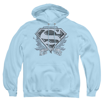 Light blue pullover hoodie with Superman Sketchy Crest Shield graphic